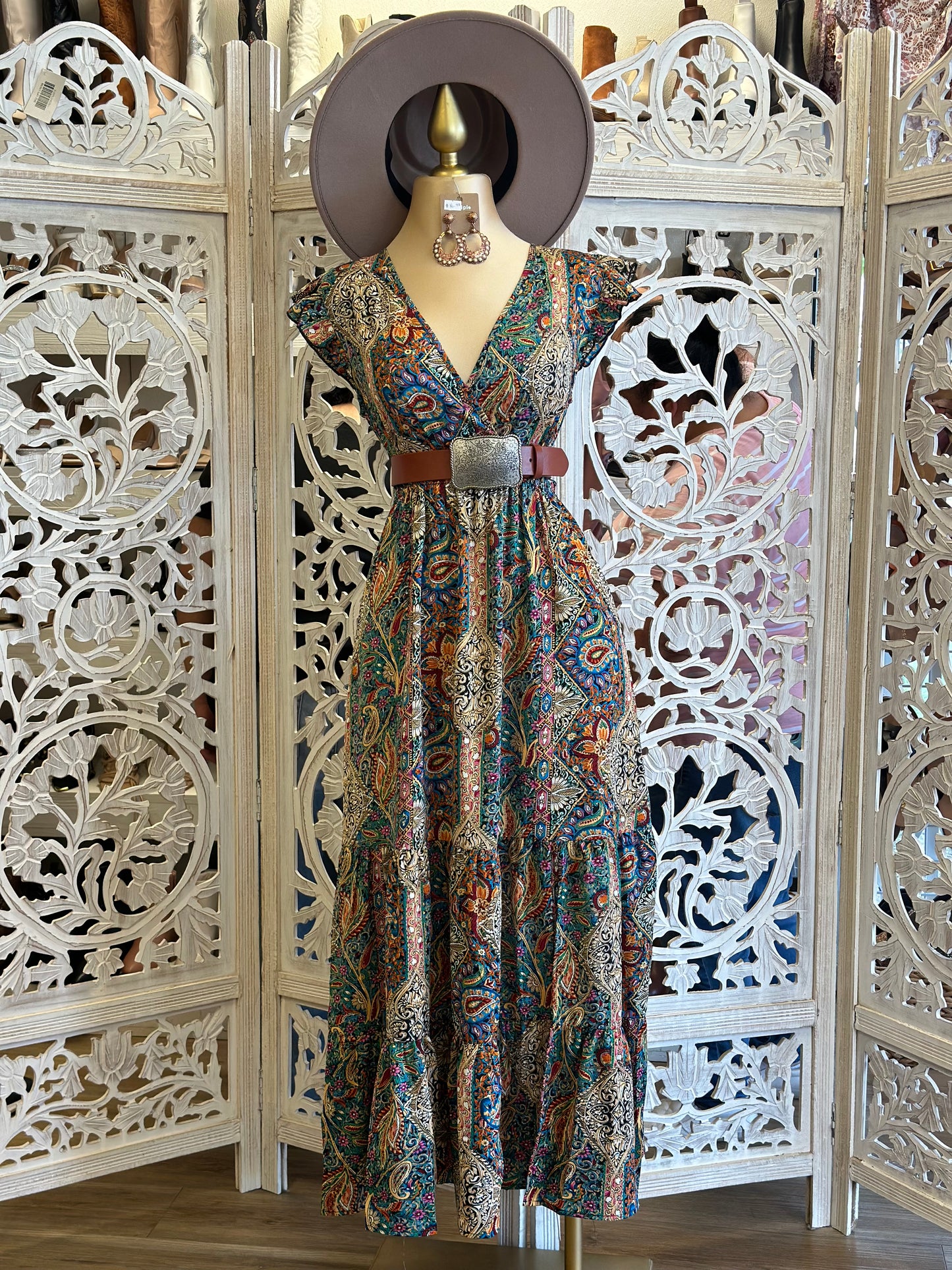 Multi Pattern Maxi Western Dress- Stretchy