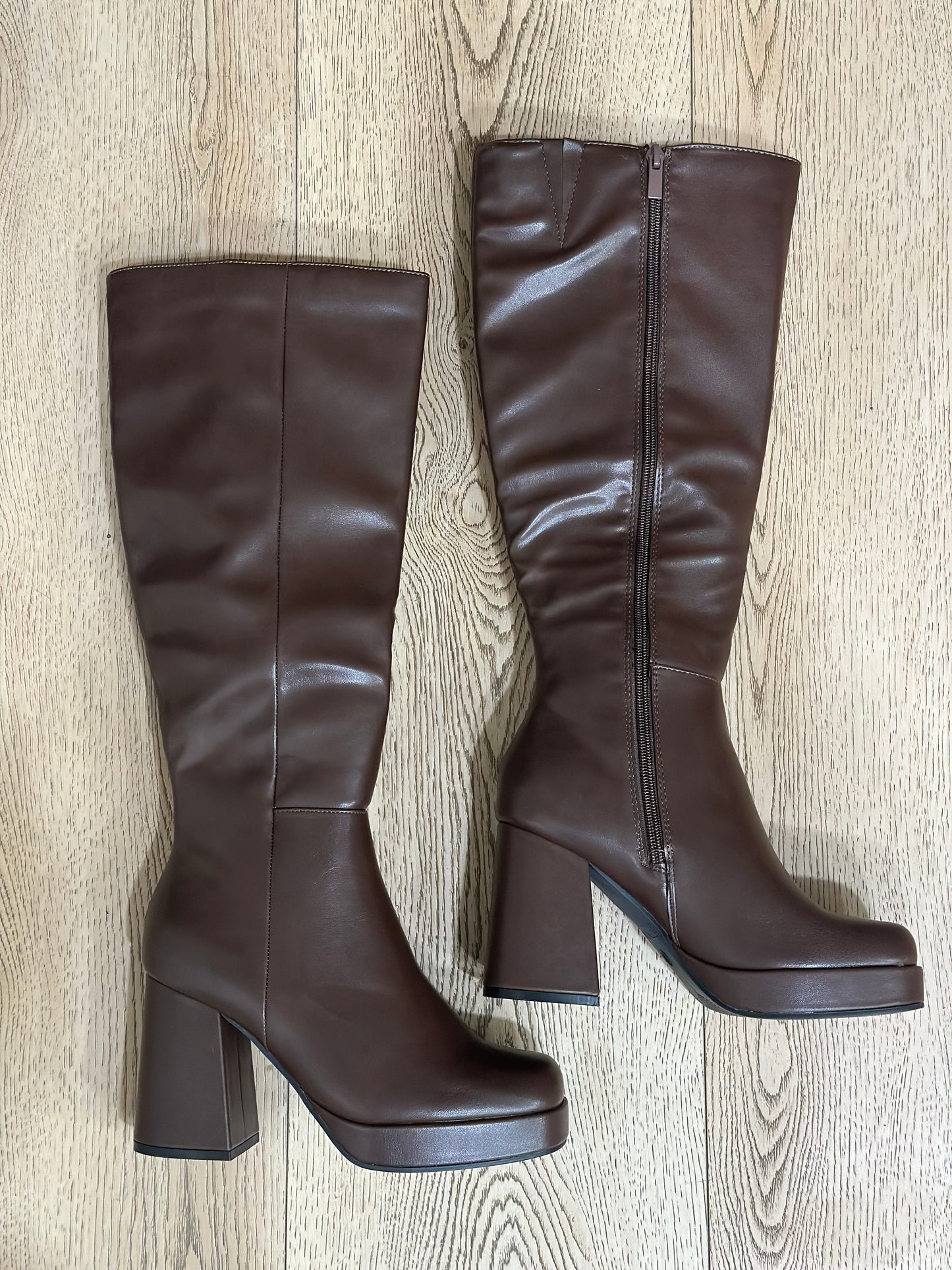 Chocolate Brown Mid Length Square Toe Boots