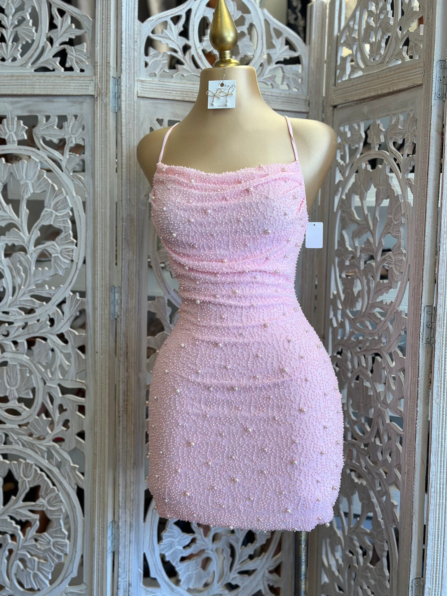 Cotton Pink Mini Embellished Dress- Stretchy