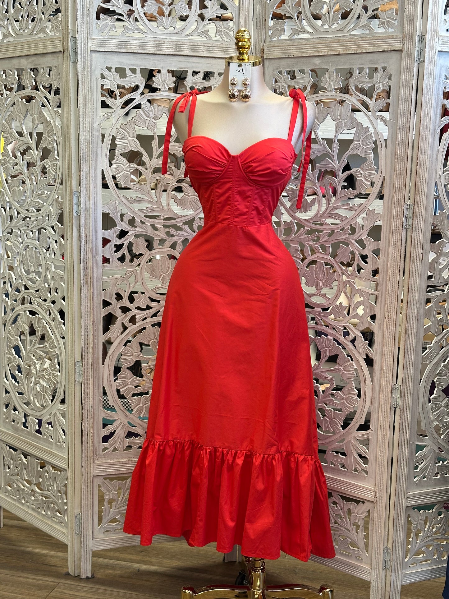 Cherry Corset Lined Midi Dress -Slightly Stretchy, Estira Poco