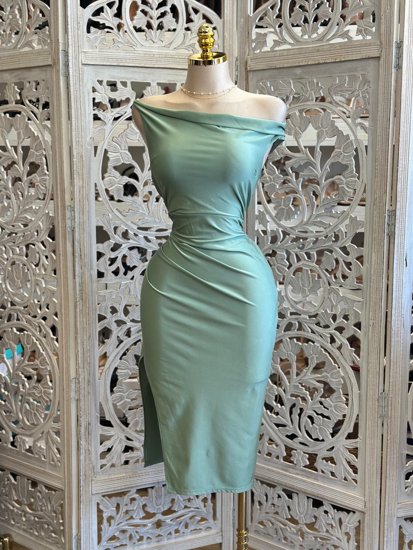 Ocean Green Asymmetrical Midi Dress - Estira, Stretchy