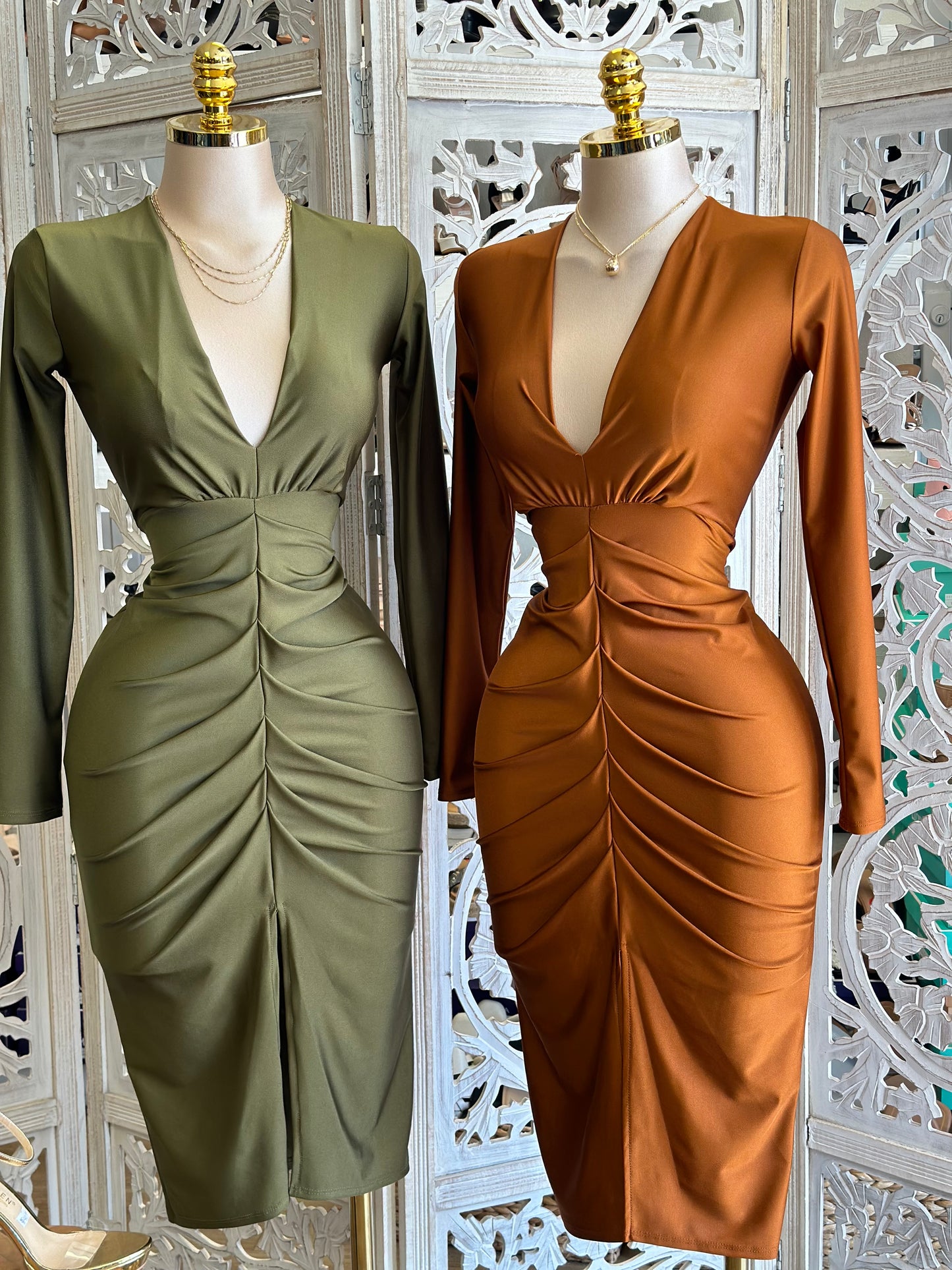 Deep V Long Sleeve Ruched Dress- Stretchy,Estira