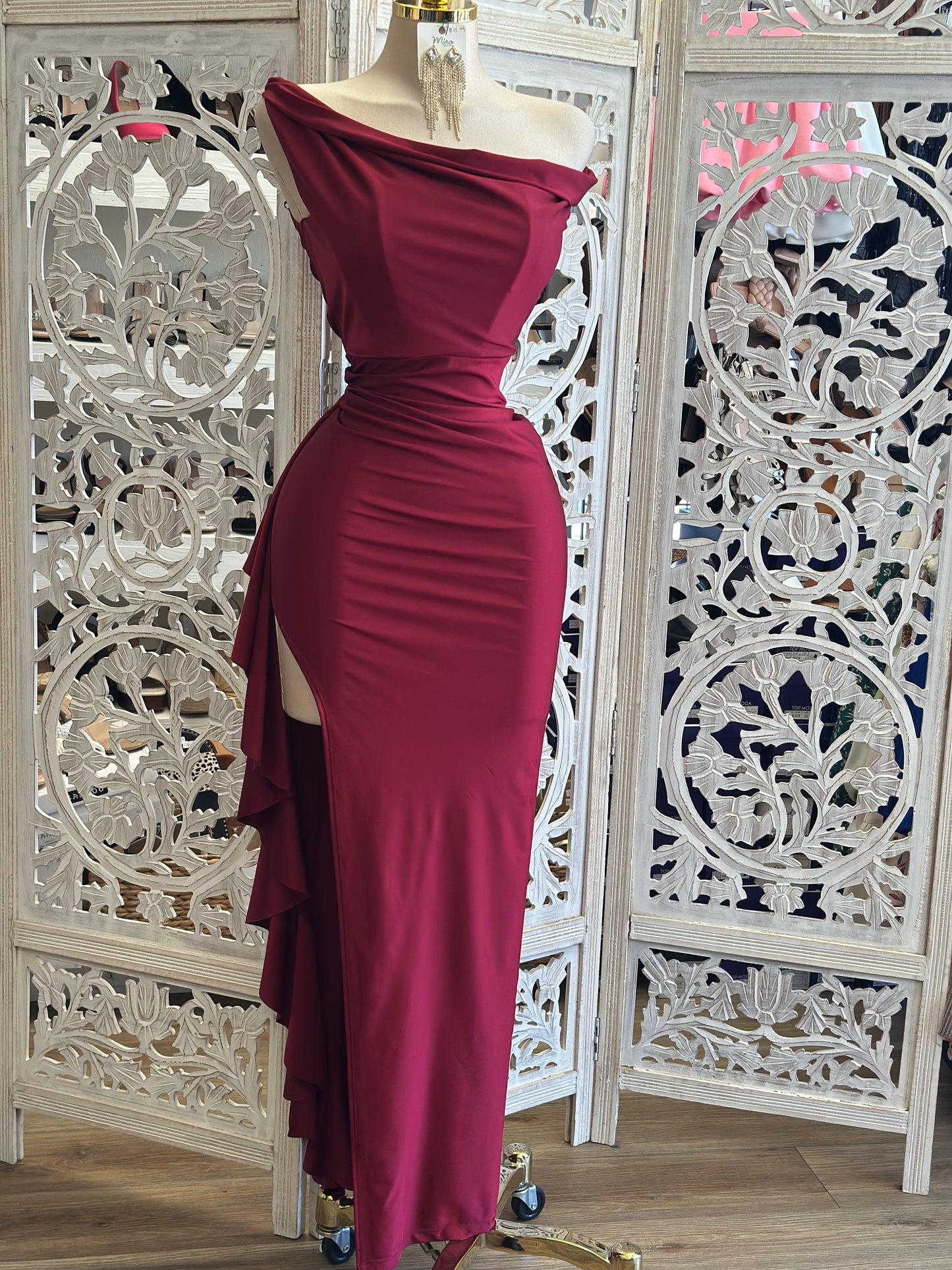 Burgundy High Slit Asymmetrical Dress - Estira, Stretchy
