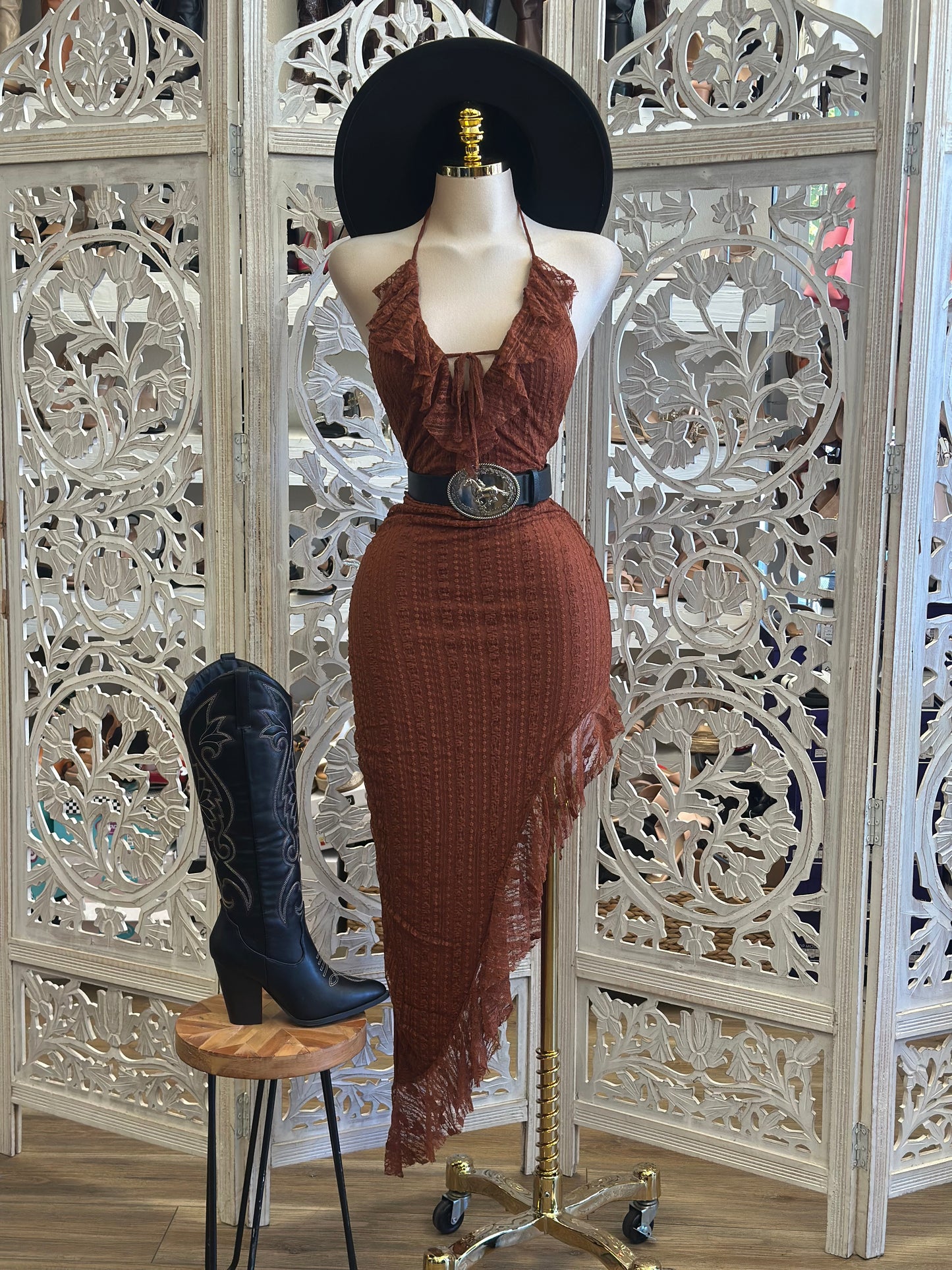 Rusty Brown Full Lace Midi Dress-Estira, Stretchy