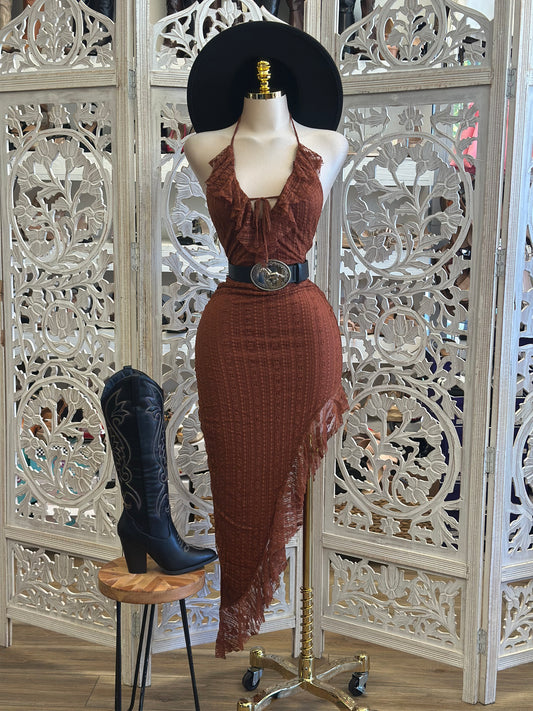 Rusty Brown Full Lace Midi Dress-Estira, Stretchy
