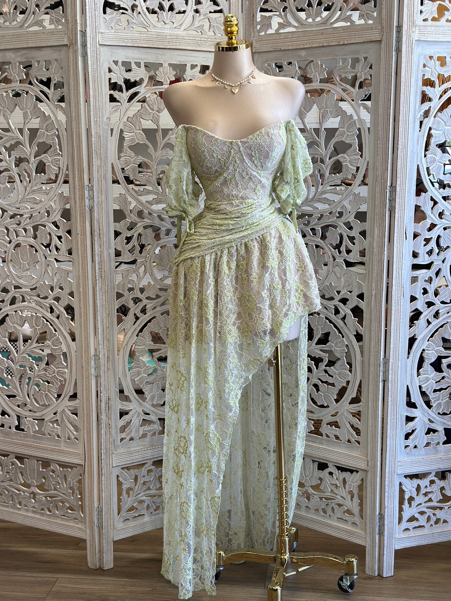 Lime Lace Boho High Low Dress- Not Stretchy, No Estira