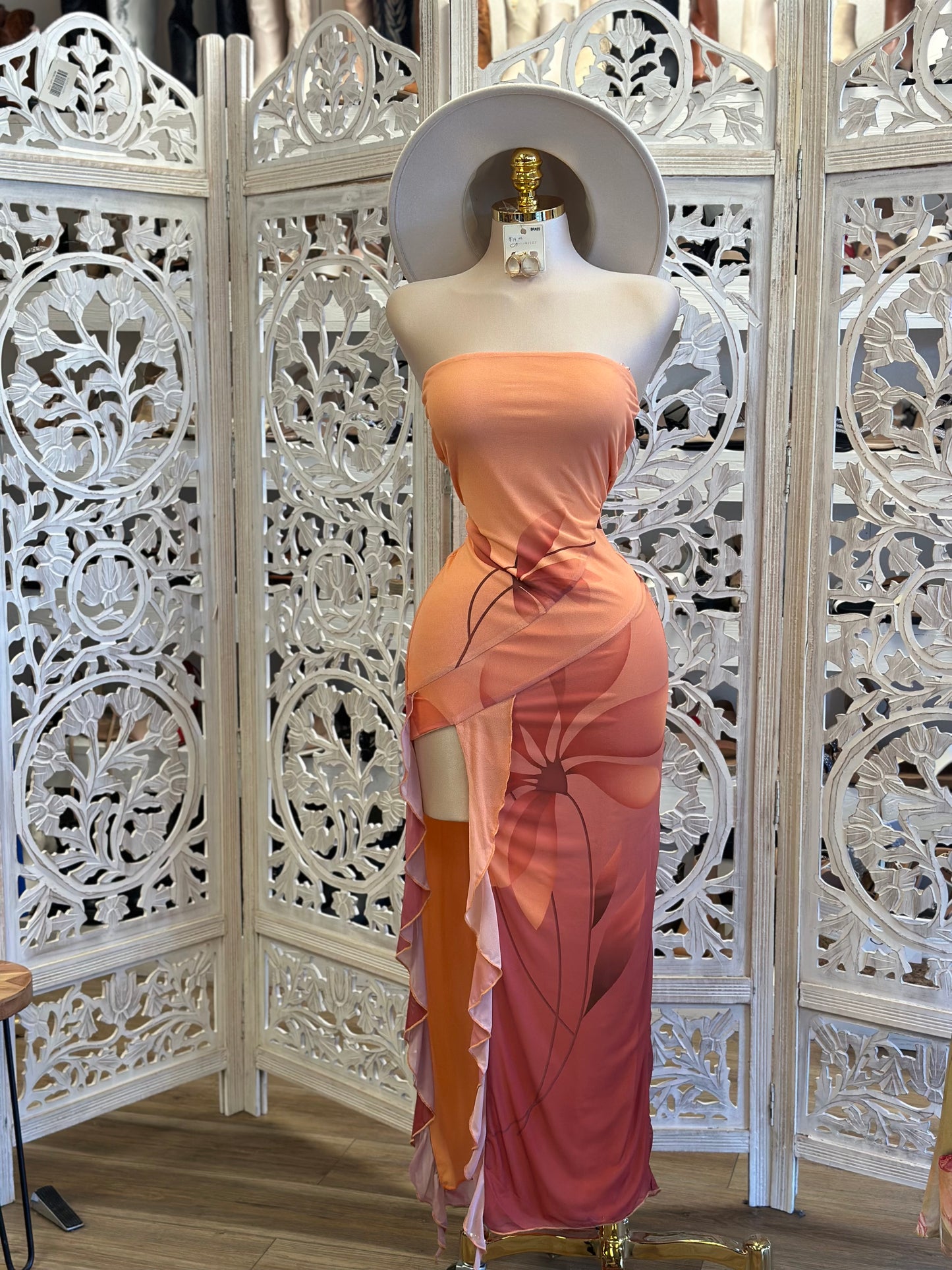 Strapless Orange Ruffle Dress - Estira, Stretchy
