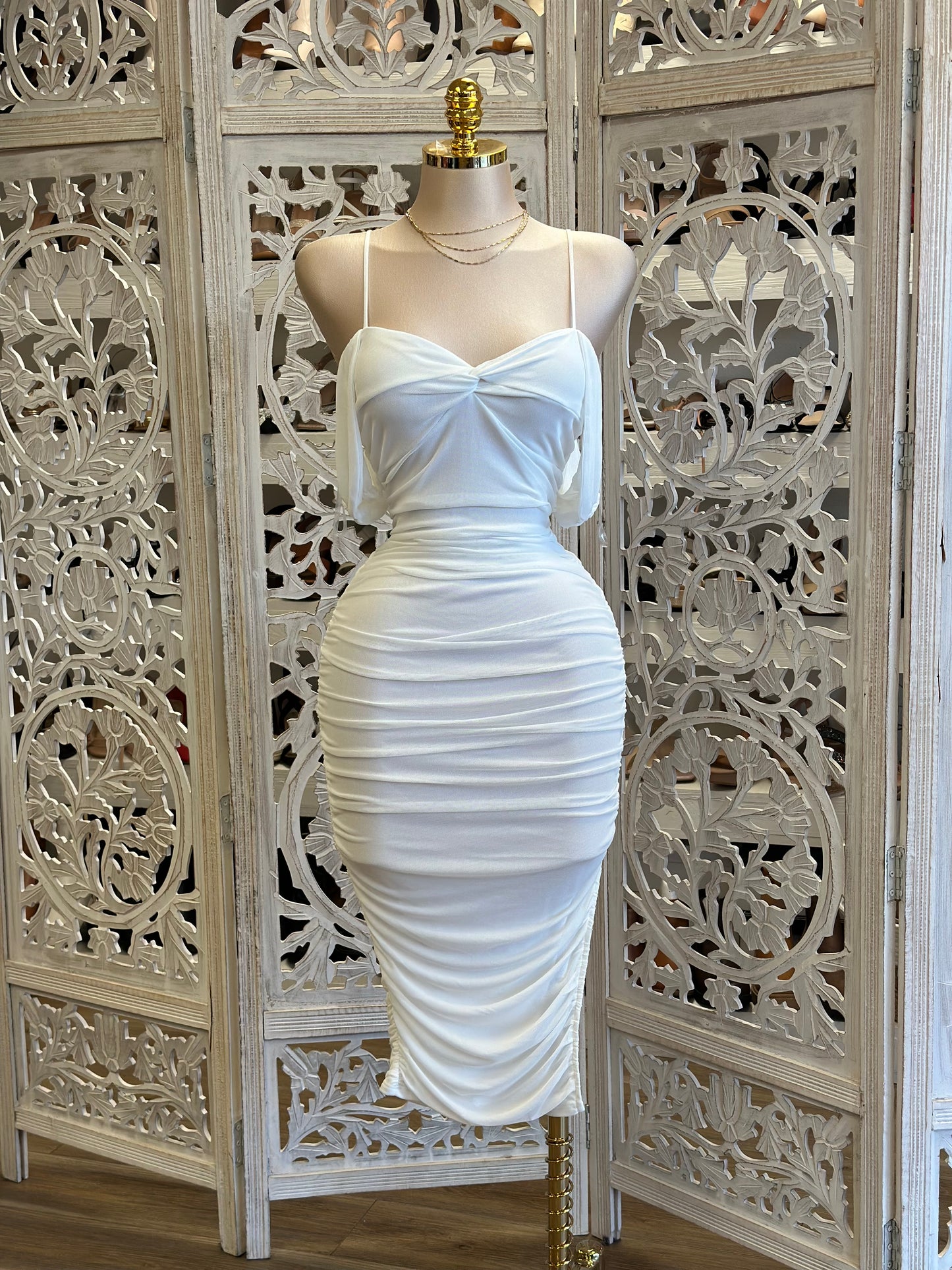 White Midi Ruched Dress - Estira, Stretchy