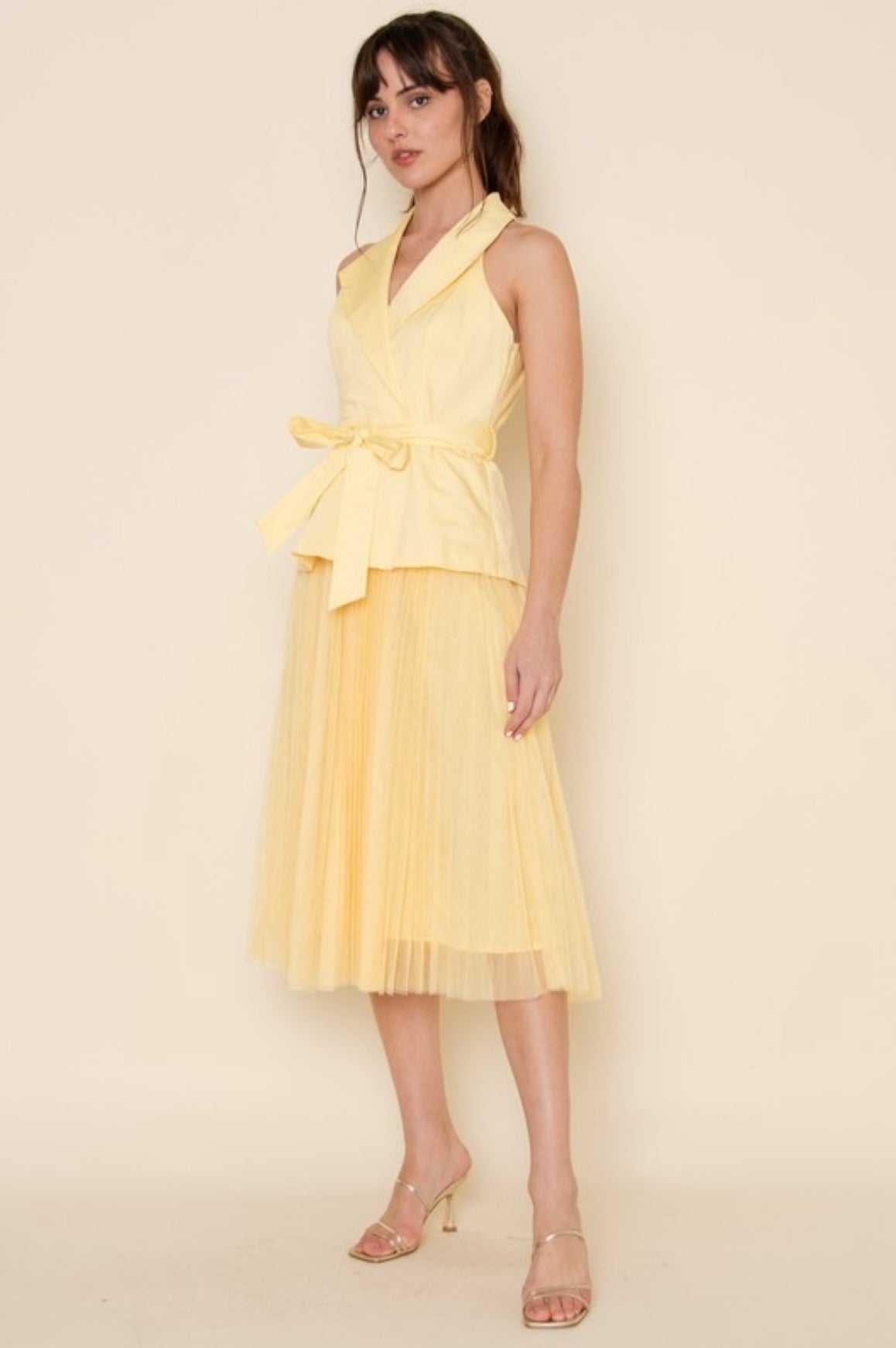 Butter Cream Tulle Wrapped Dress-Not Stretchy,No Estira