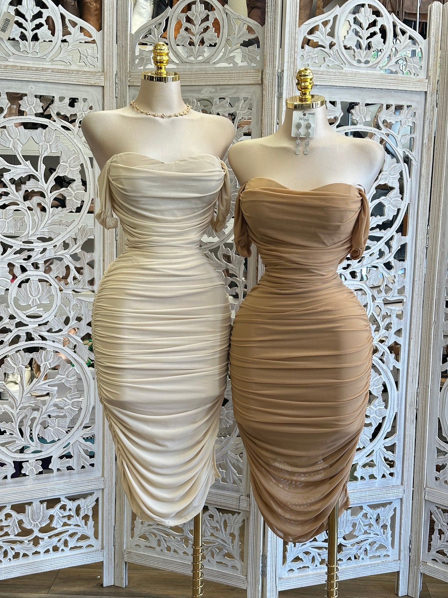 Off Shoulder Ruched Dress- Stretchy, Estira