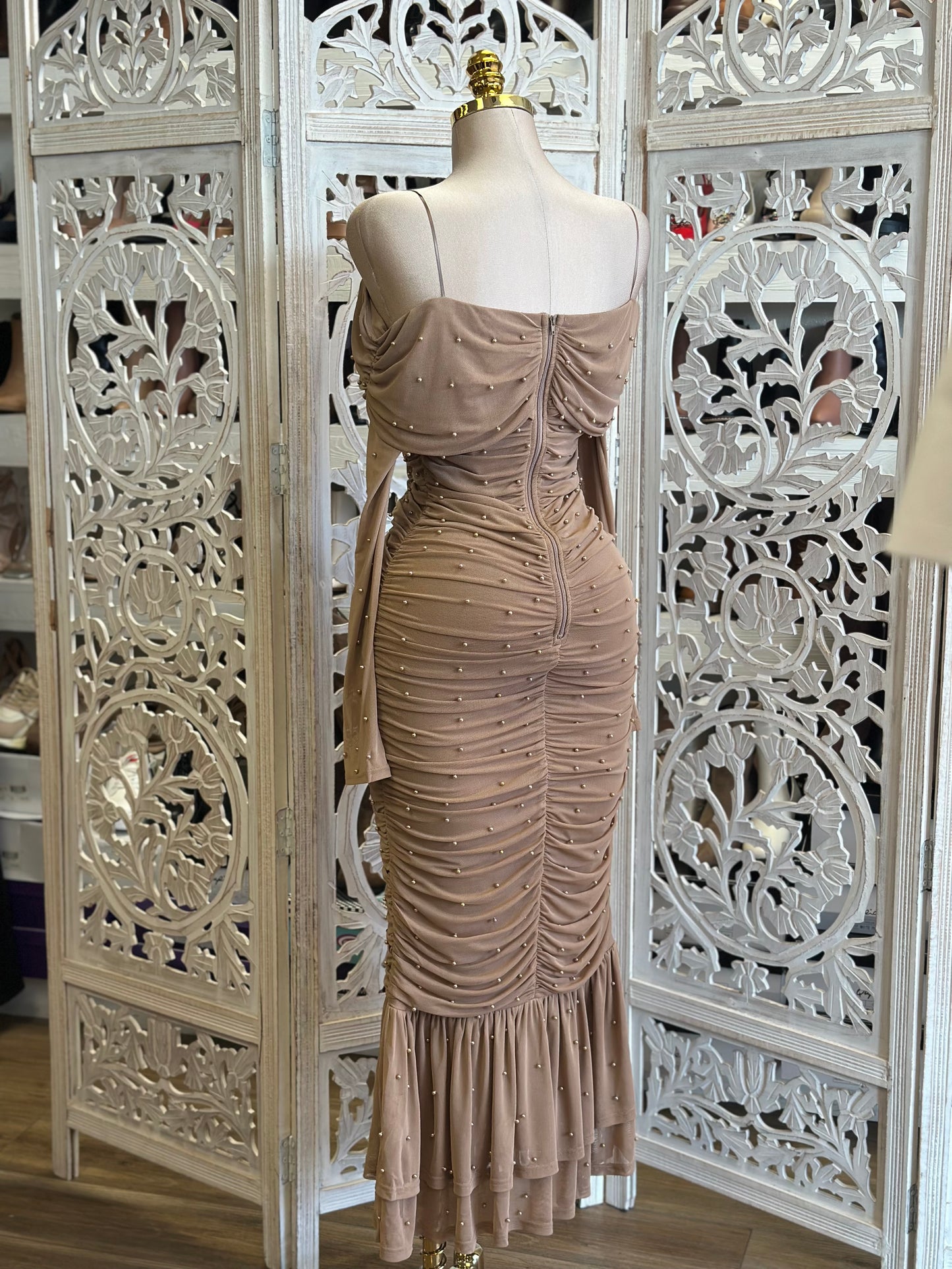 Embellished Brown Ruched Dress-Estira, Stretchy