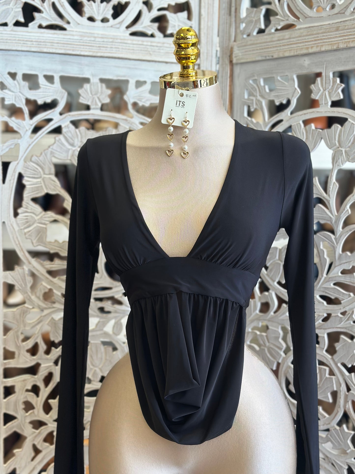 Draped Low Cut Blouse- Estira, Stretchy
