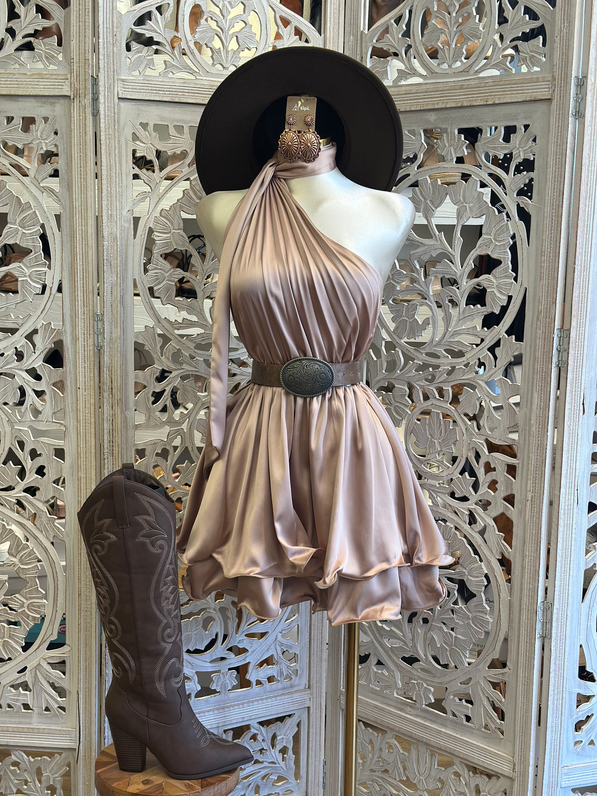Champagne Satin One-Shoulder Mini Dress — Stretchy,Estira