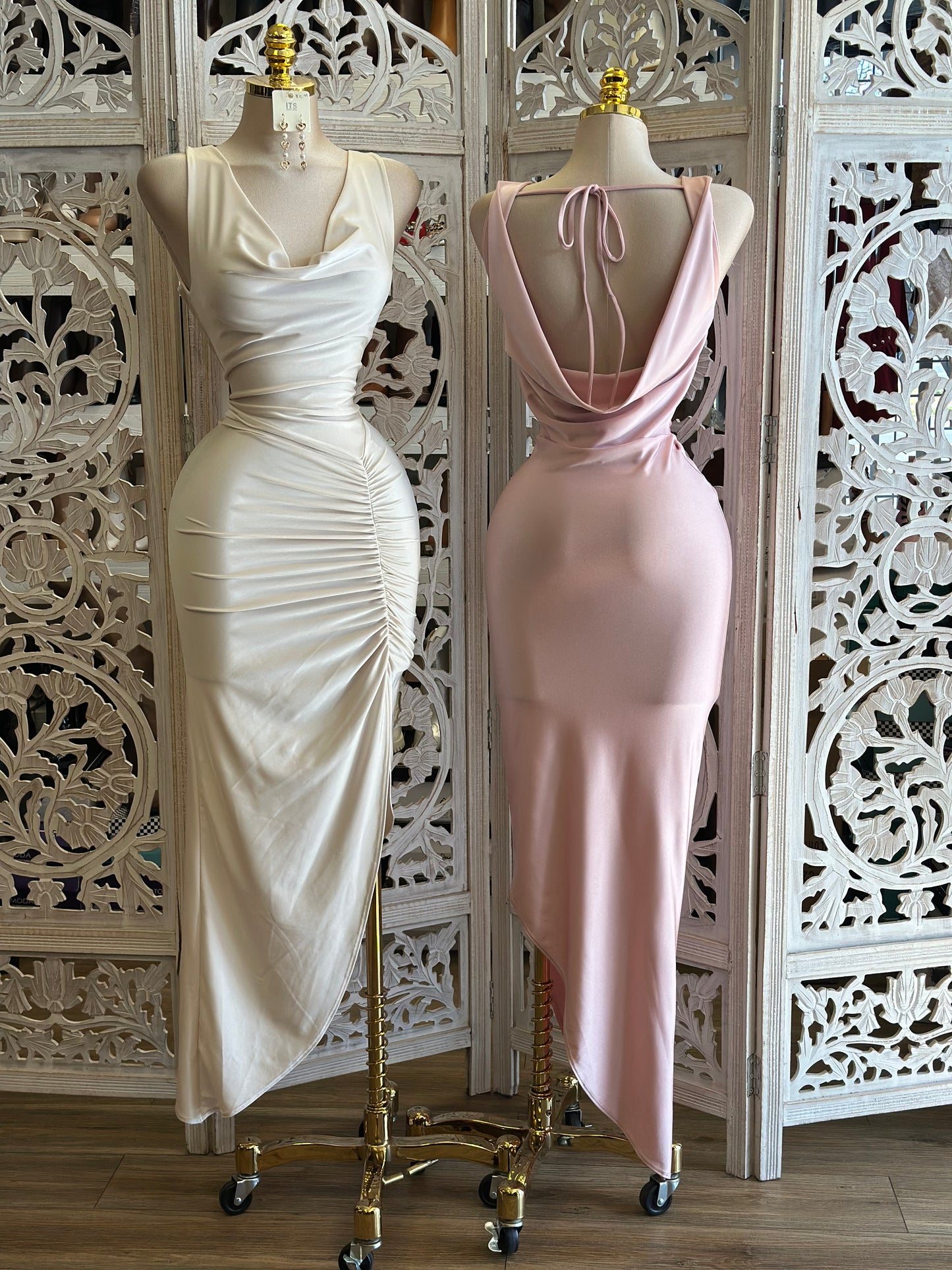 Cowl Neck Ruched Dress- Stretchy,Estira