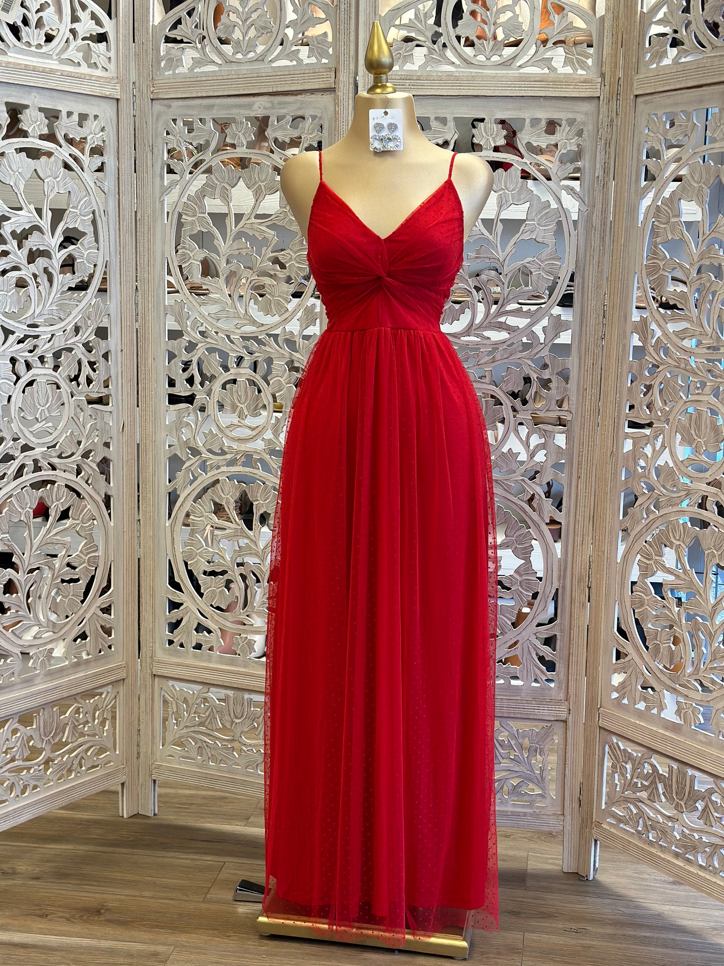 Red Knotted Tulle Maxi Dress- Not Stretchy