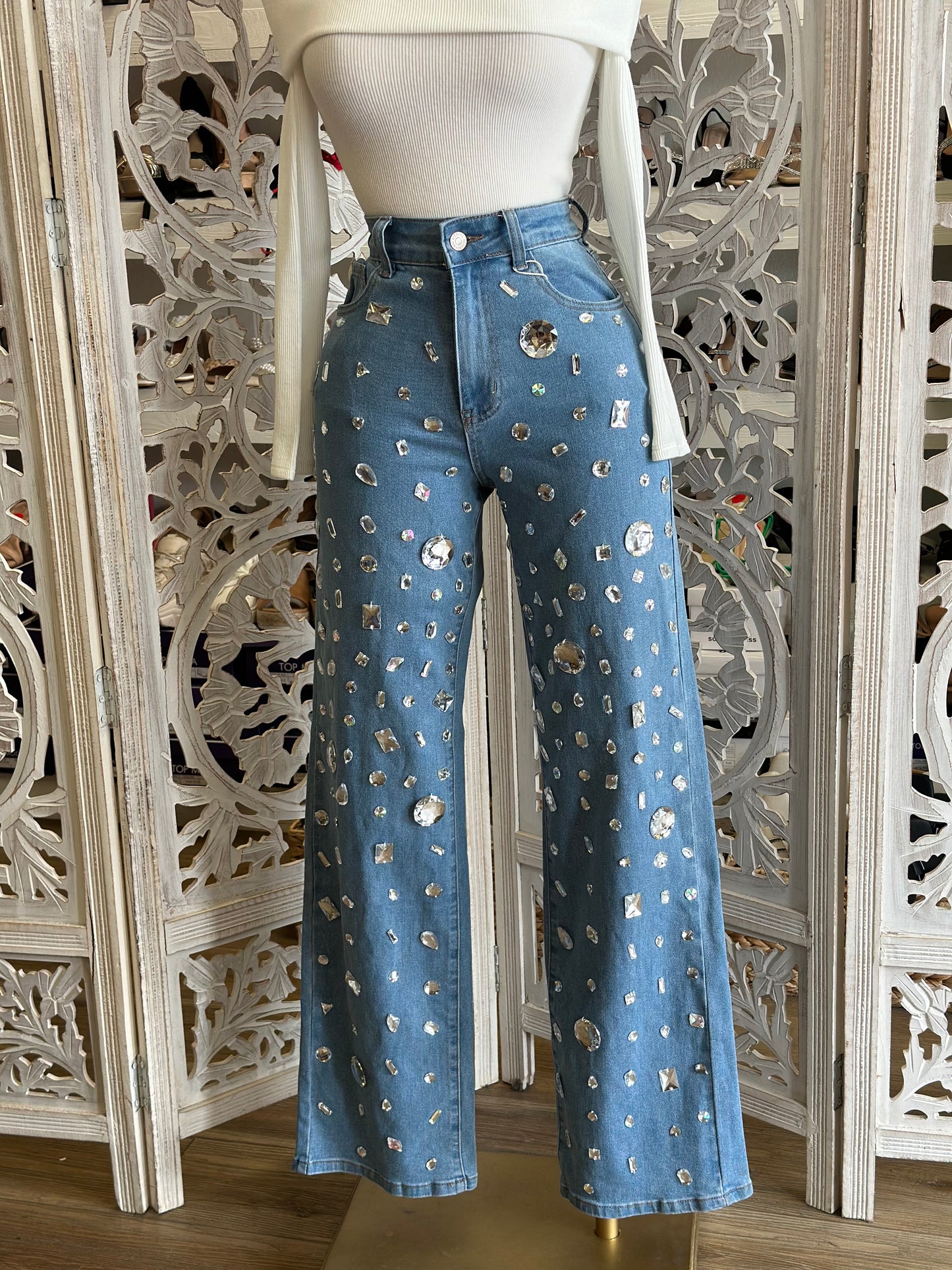 Enlarged Rhinestone Denim Wide Leg Jeans - Stretchy, Estira