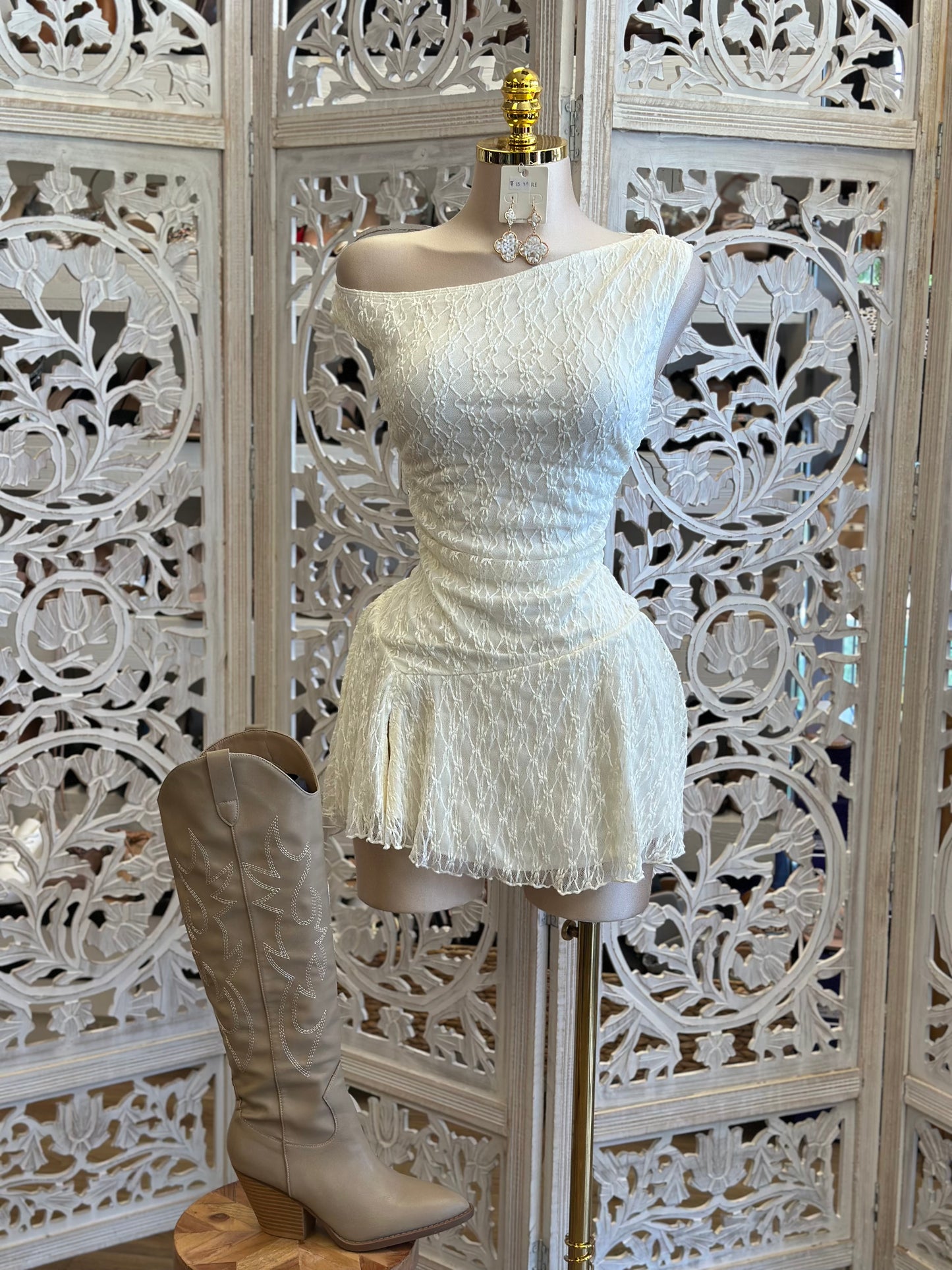 Asymmetrical Ivory Mini Lace Dress- Slightly Stretchy , Estira Poco