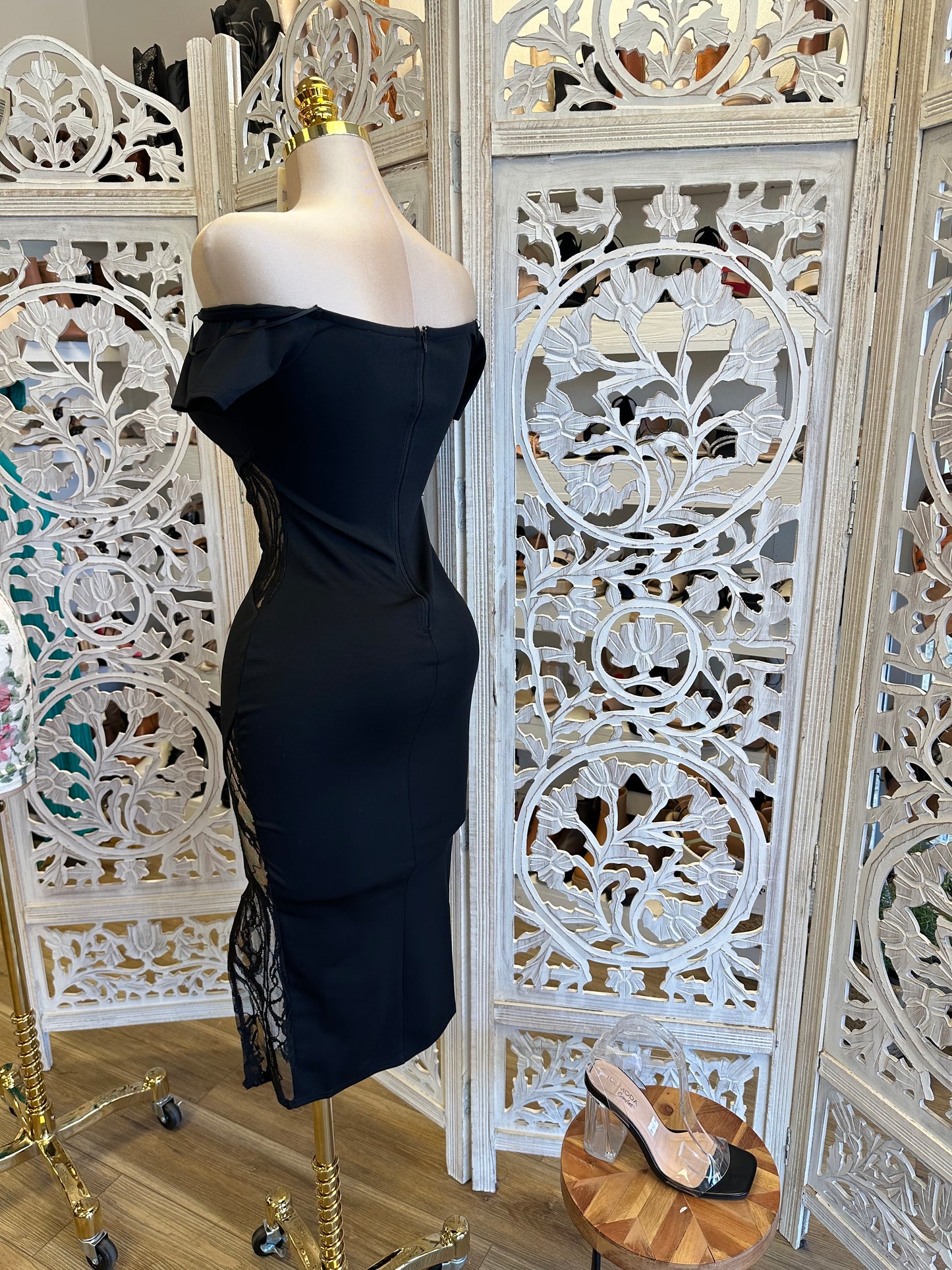 Black Off Shoulder Lace Cutout Dress - Estira, Stretchy