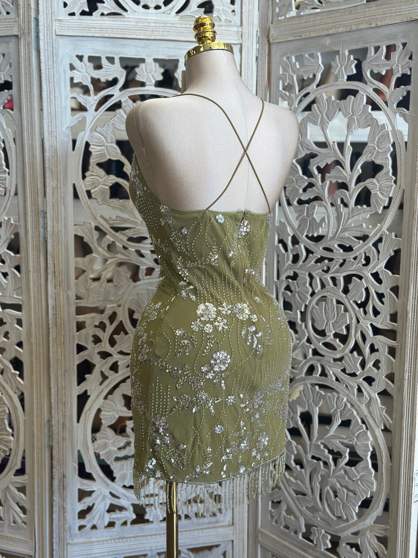 Beaded Olive Mini Dress- Slightly Stretchy,Estira Poco