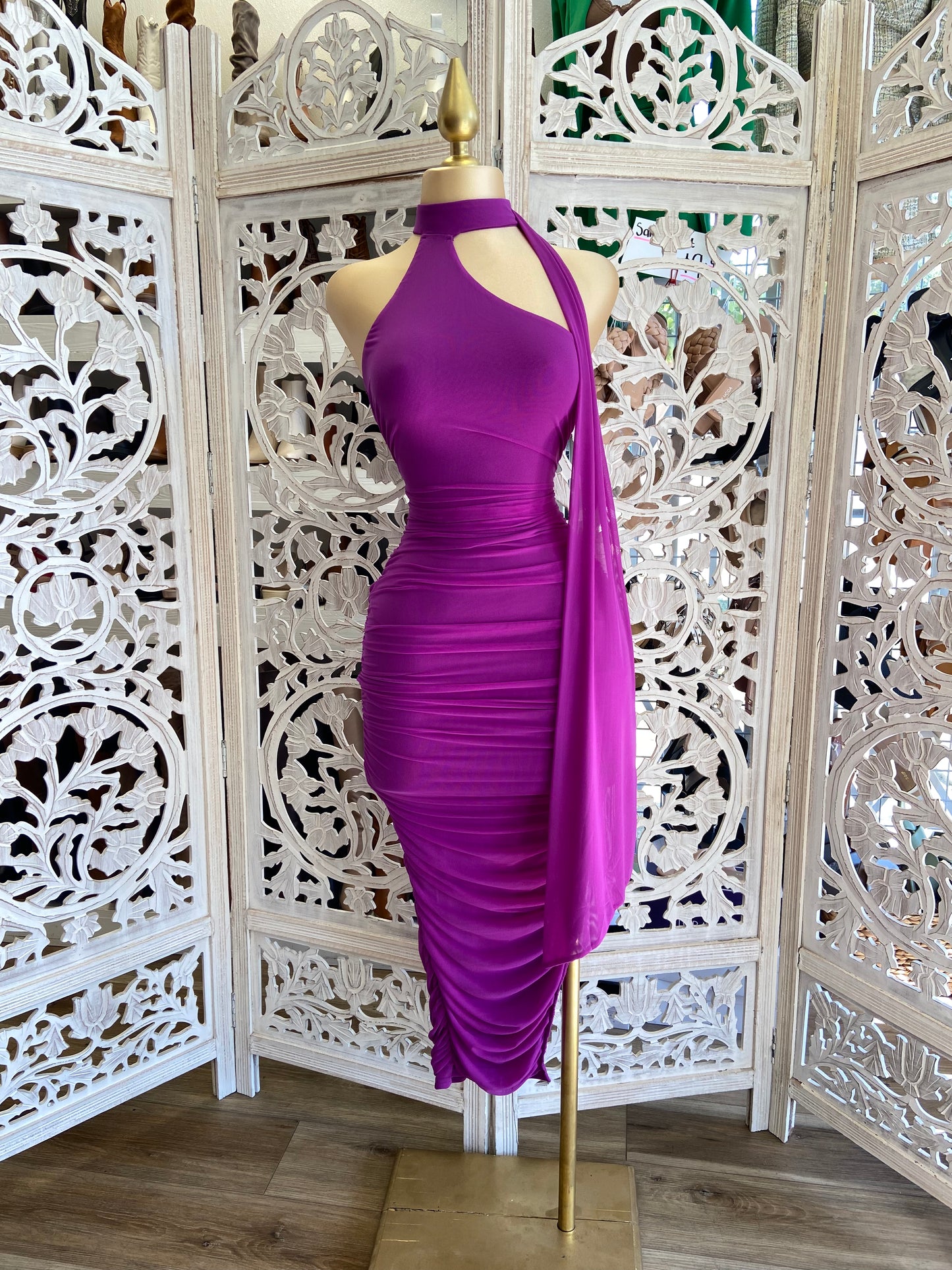 Halter Magenta Ruched Dress- Stretchy, Estira