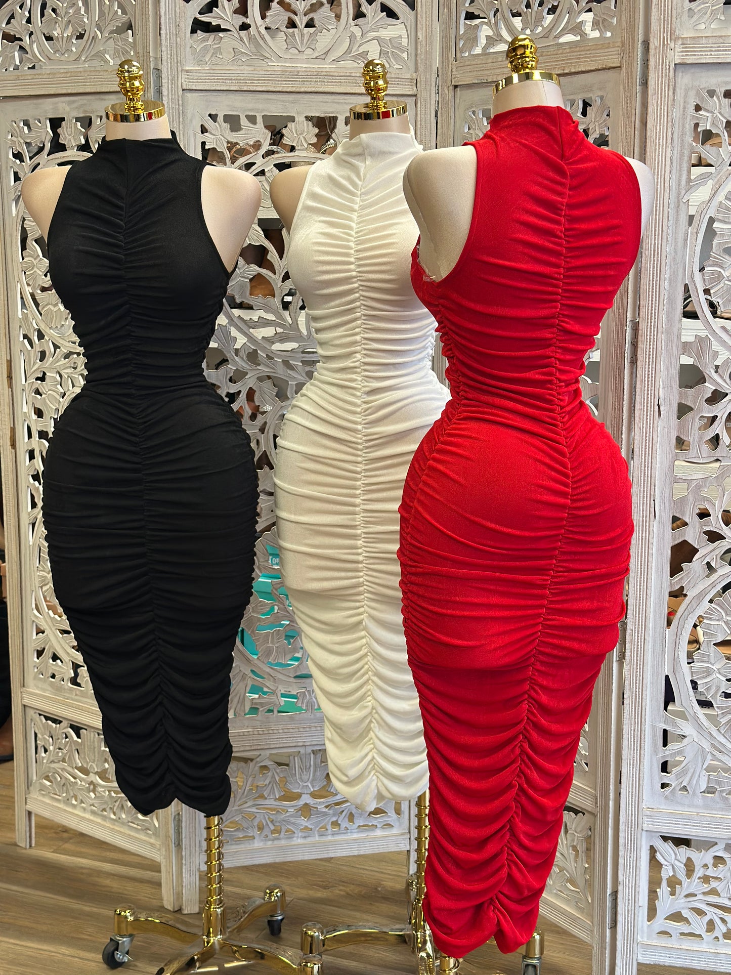 Mock Neck Midi Ruched Dress- Stretchy,Estira