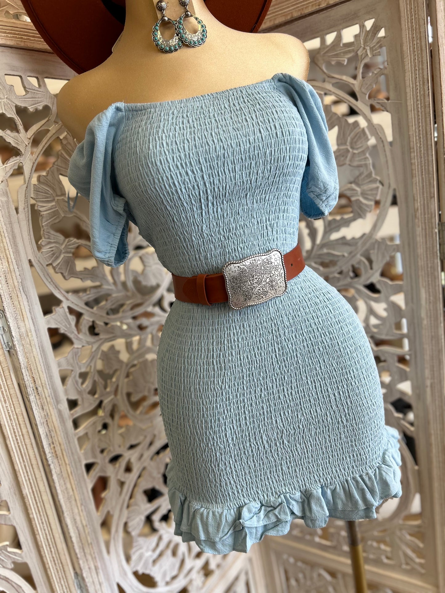 Blue  Smocked Mini Dress- Stretchy