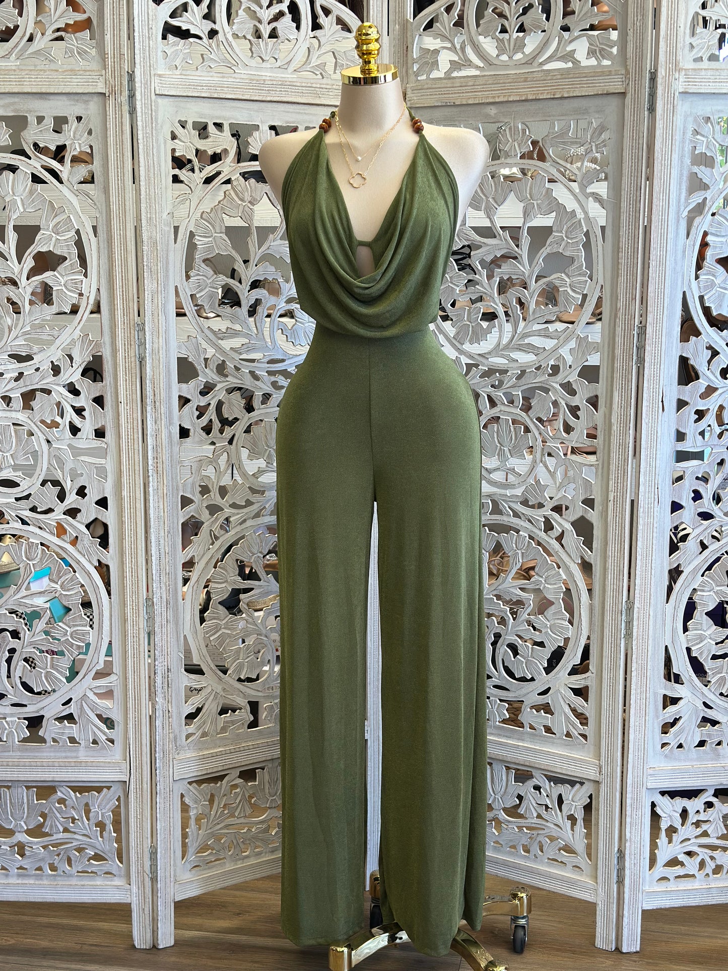 Beaded Olive Green Jumpsuit - Stretchy,Estira