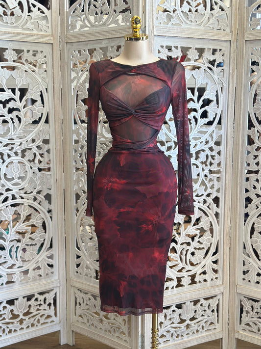 Red Floral Mesh Bow Midi Dress- Stretchy,Estirat