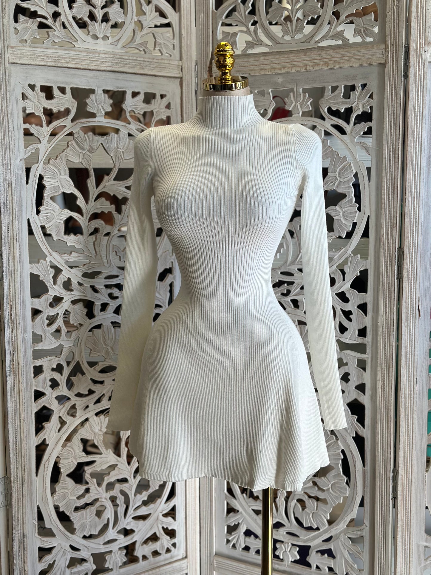 Ribbed Flowy Ivory Mini Dress- Stretchy,Estira