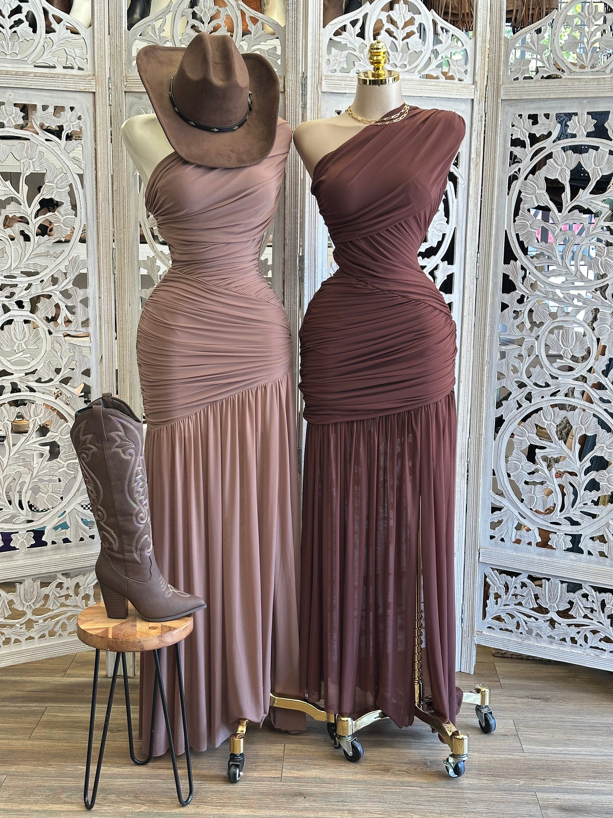 Espresso One-Shoulder Ruched Maxi Dress- Estira, Stretchy