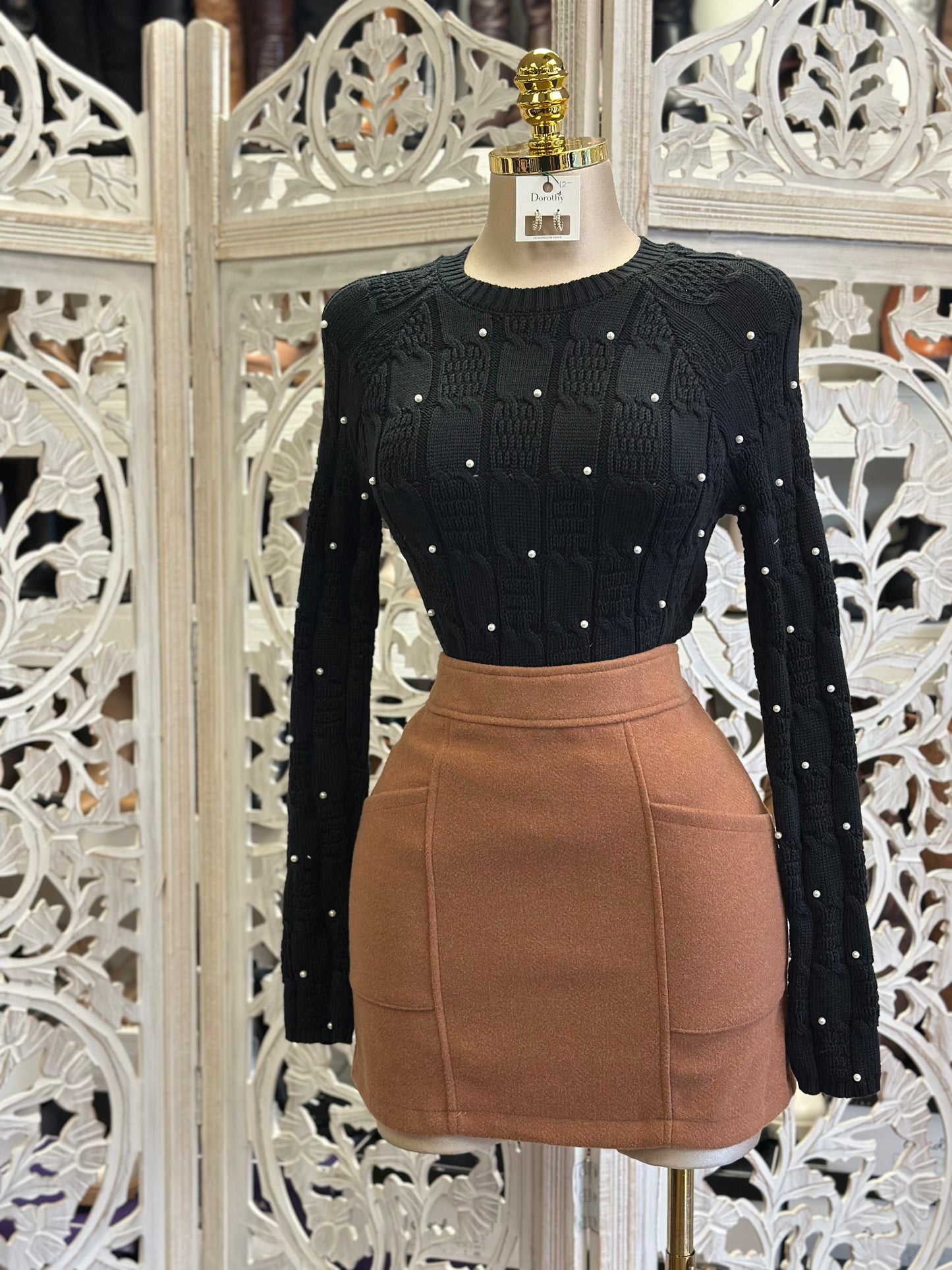 Brown Pocketed Mini Skirt-  Stretchy , Estira