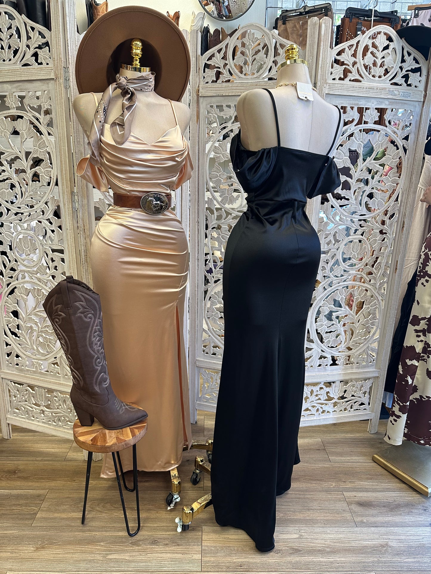 Vienna Off-Shoulder Ruched Satin Evening Dress-Estira Stretchy