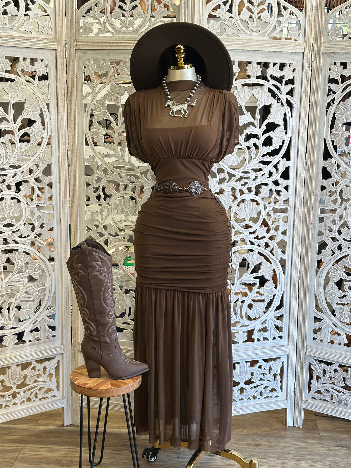 Canyon Clay Ruched Dress- Estira, Stretchy