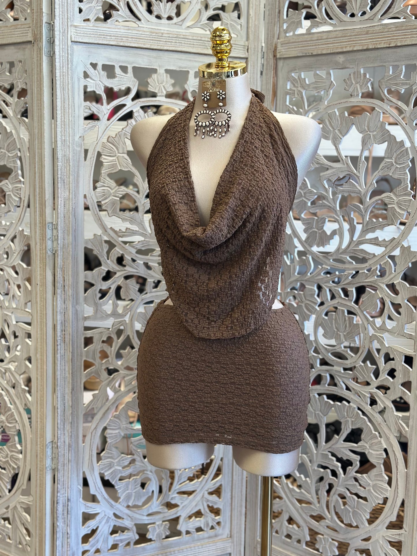 Brown Lace Cowl Neck Mini Dress-Estira, Stretchy
