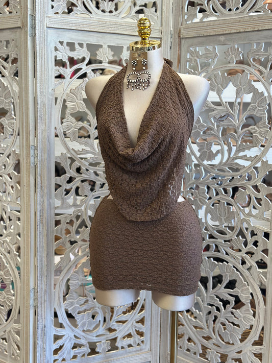Brown Lace Cowl Neck Mini Dress-Estira, Stretchy
