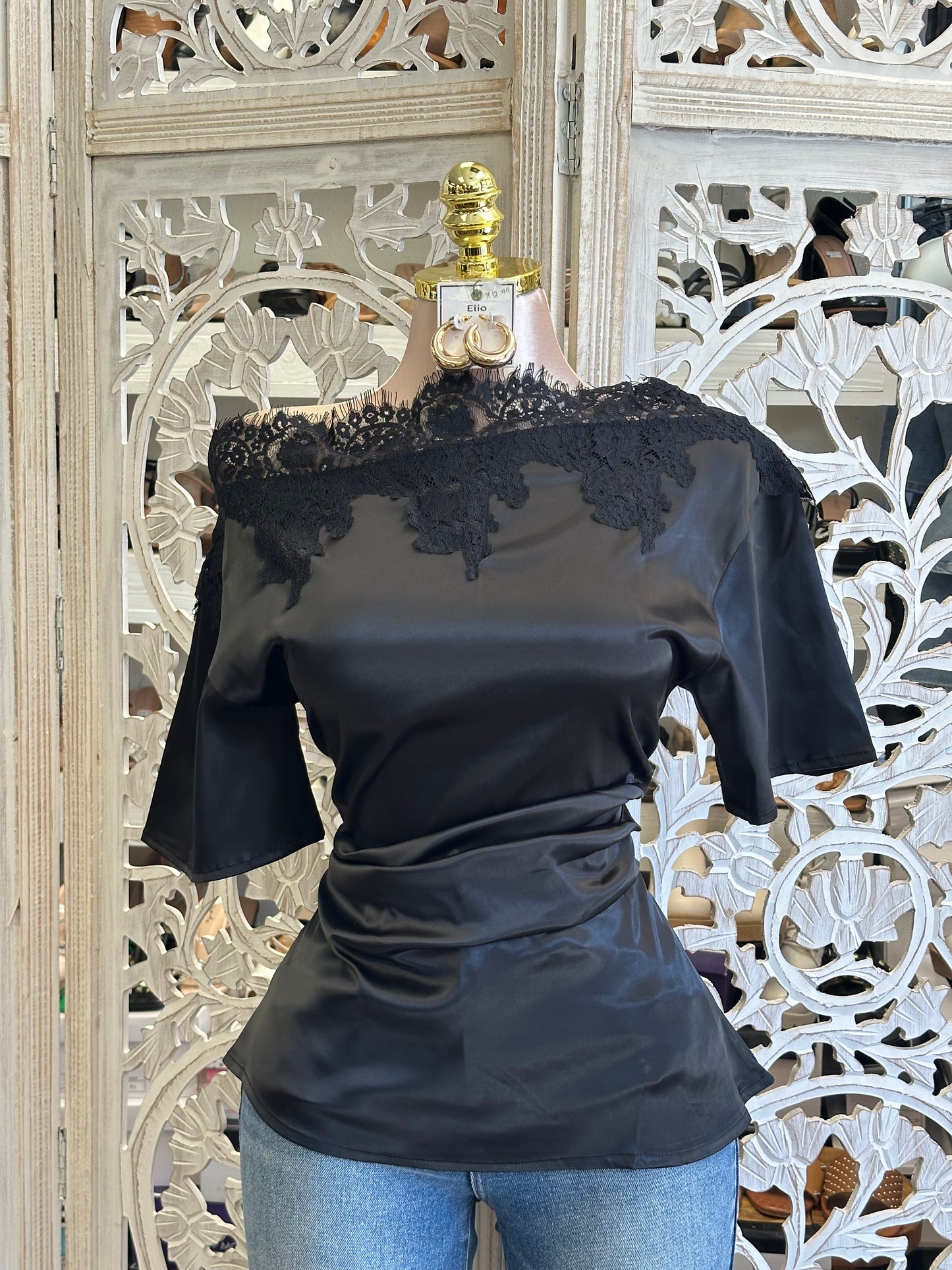 Black Boatneck Lace Blouse