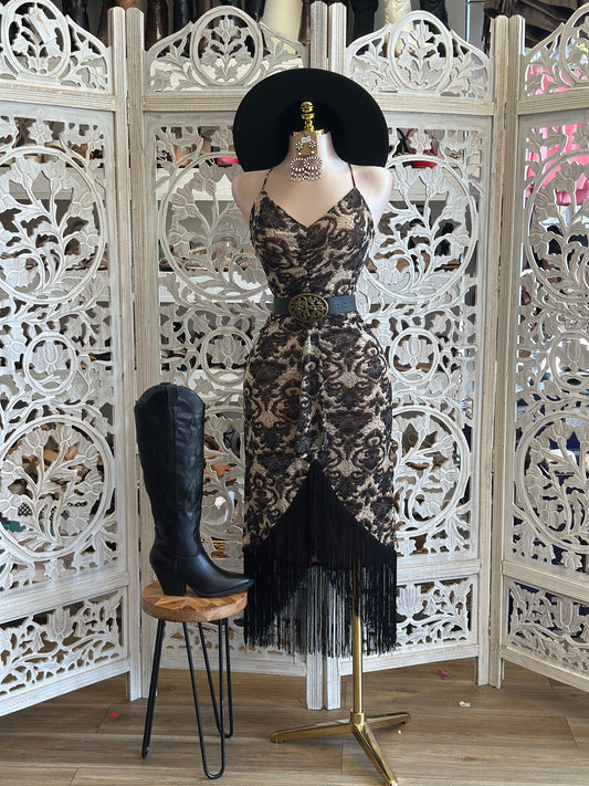 Cross Back Black Lace Dress- Stretchy, Estira