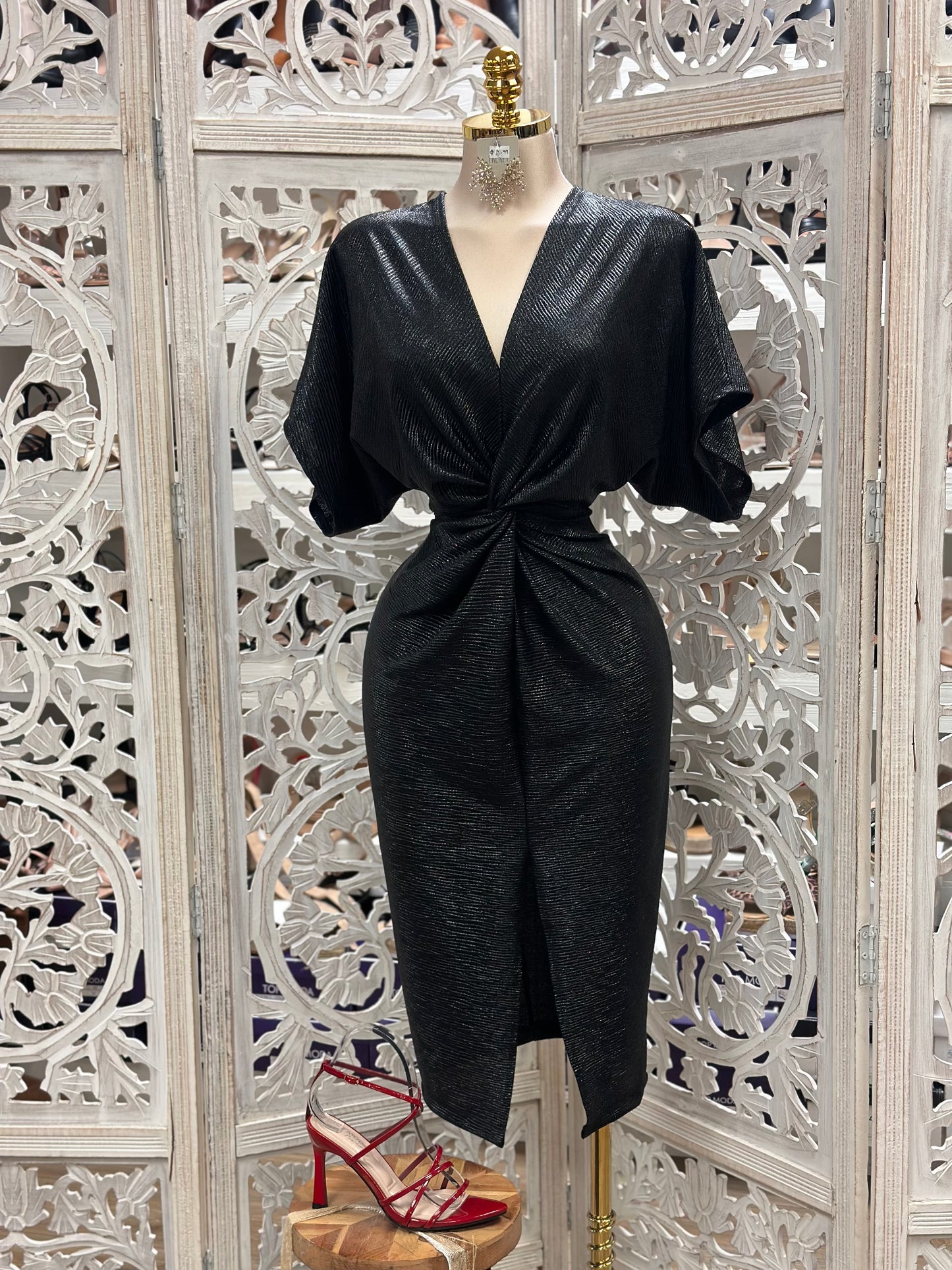 Black Metallic Knit Knotted Midi Dress- Stretchy,Estira
