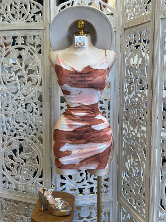 Rust Tie Dye Mini Cowl Neck Mini Dress- Estira, Stretchy