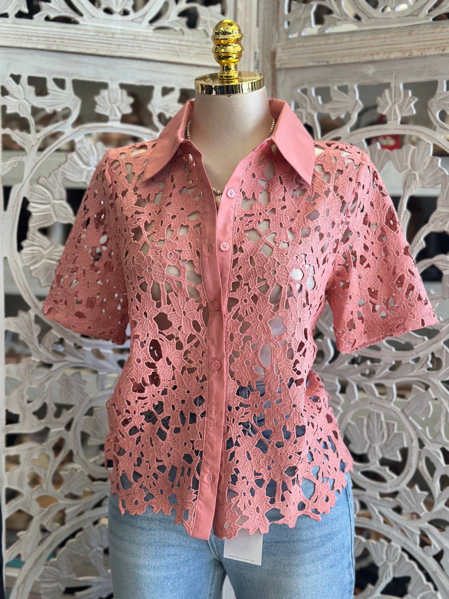 White Floral Button Up Blouse- Estira, Stretchy