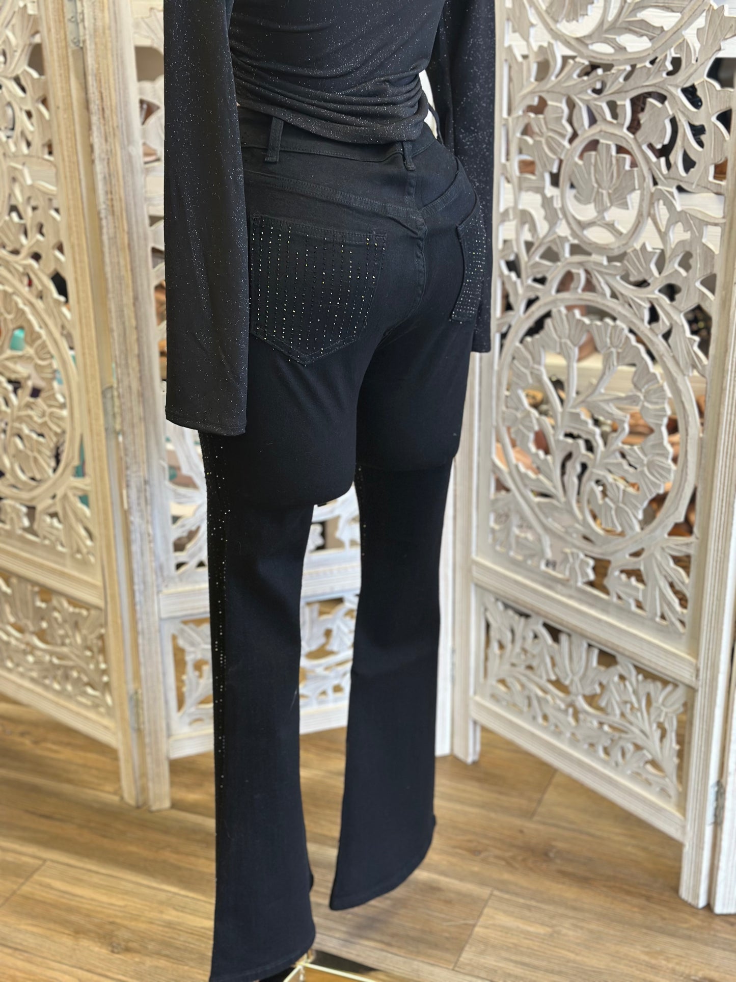 Black Rhinestone Flare Jeans - Stretchy, Estira
