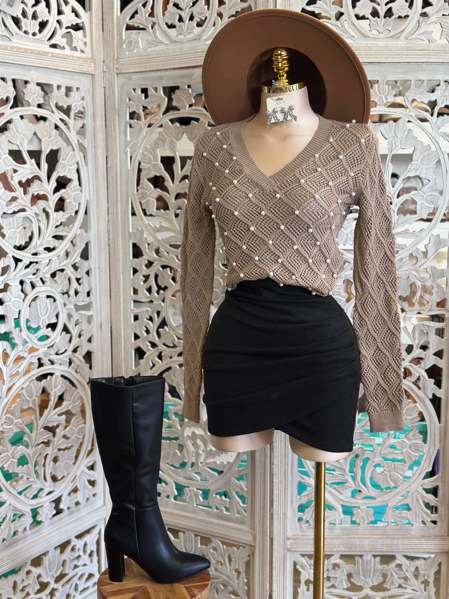 Beige Netted Pearl Knit Sweater