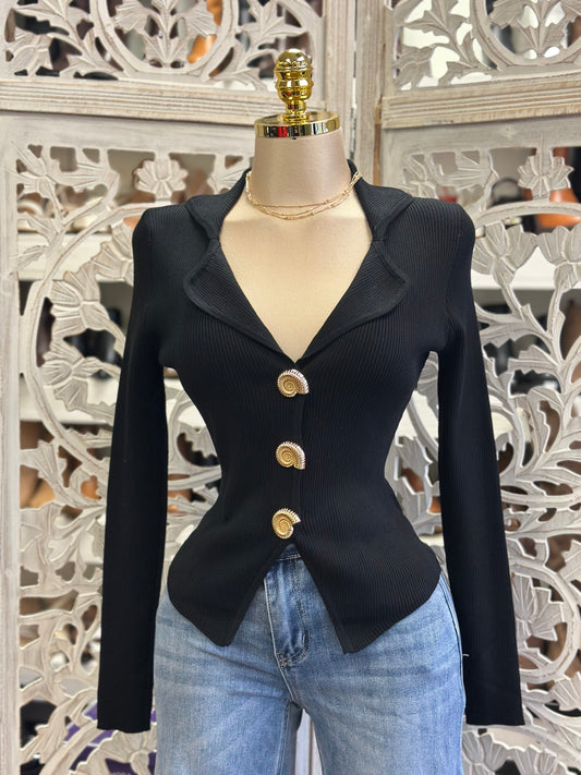 Black Snail Button Top- Estira, Stretchy