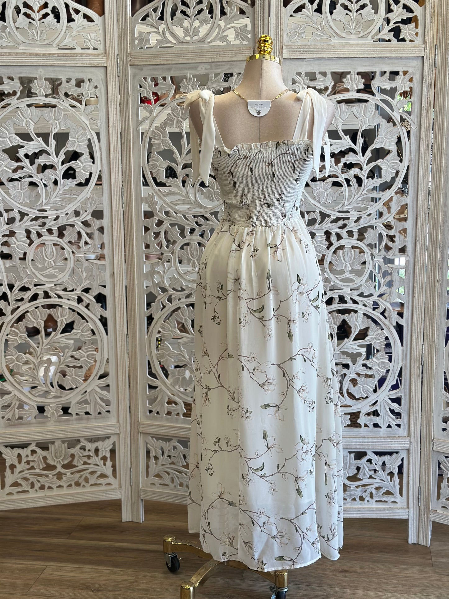 Smocked Ivory Floral Maxi Dress-Estira, Stretchy