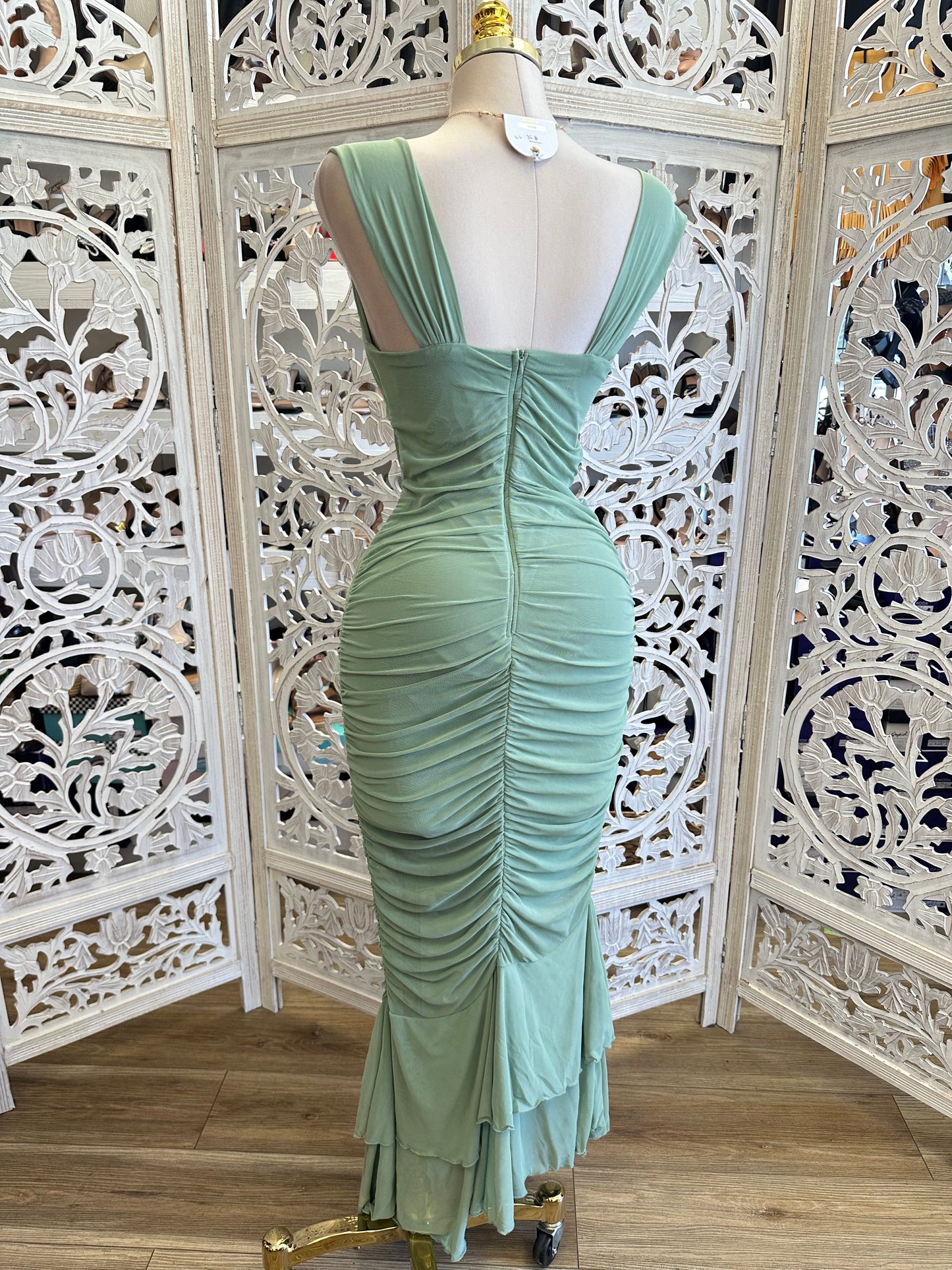 Green Ruched Cutout Midi Dress-Estira, Stretchy
