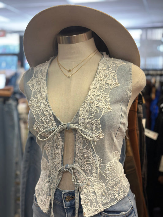 Denim Lace Lined Vest Top - Estira, Stretchy