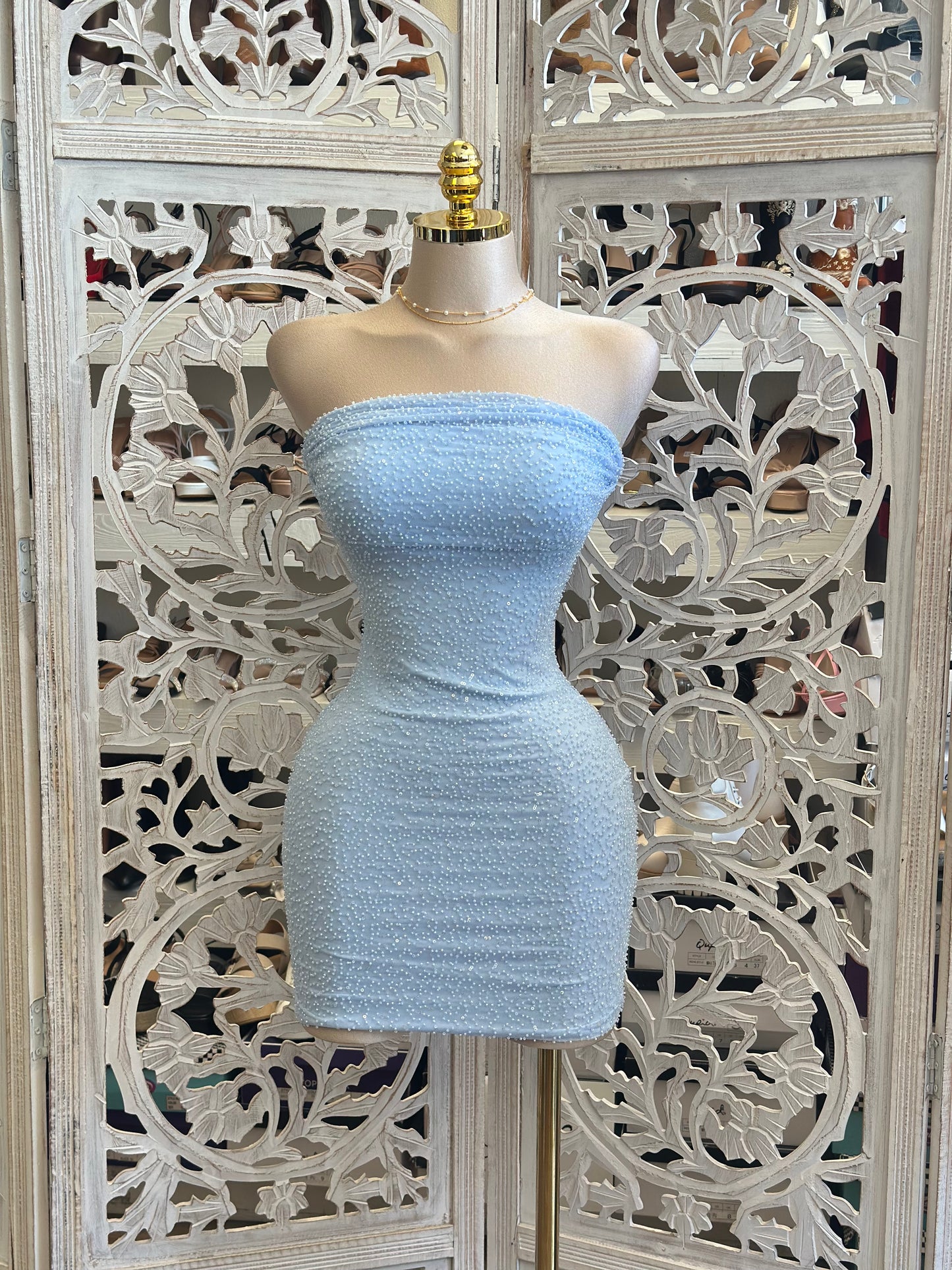Embellished Light Blue Mini Dress- Stretchy, Estira
