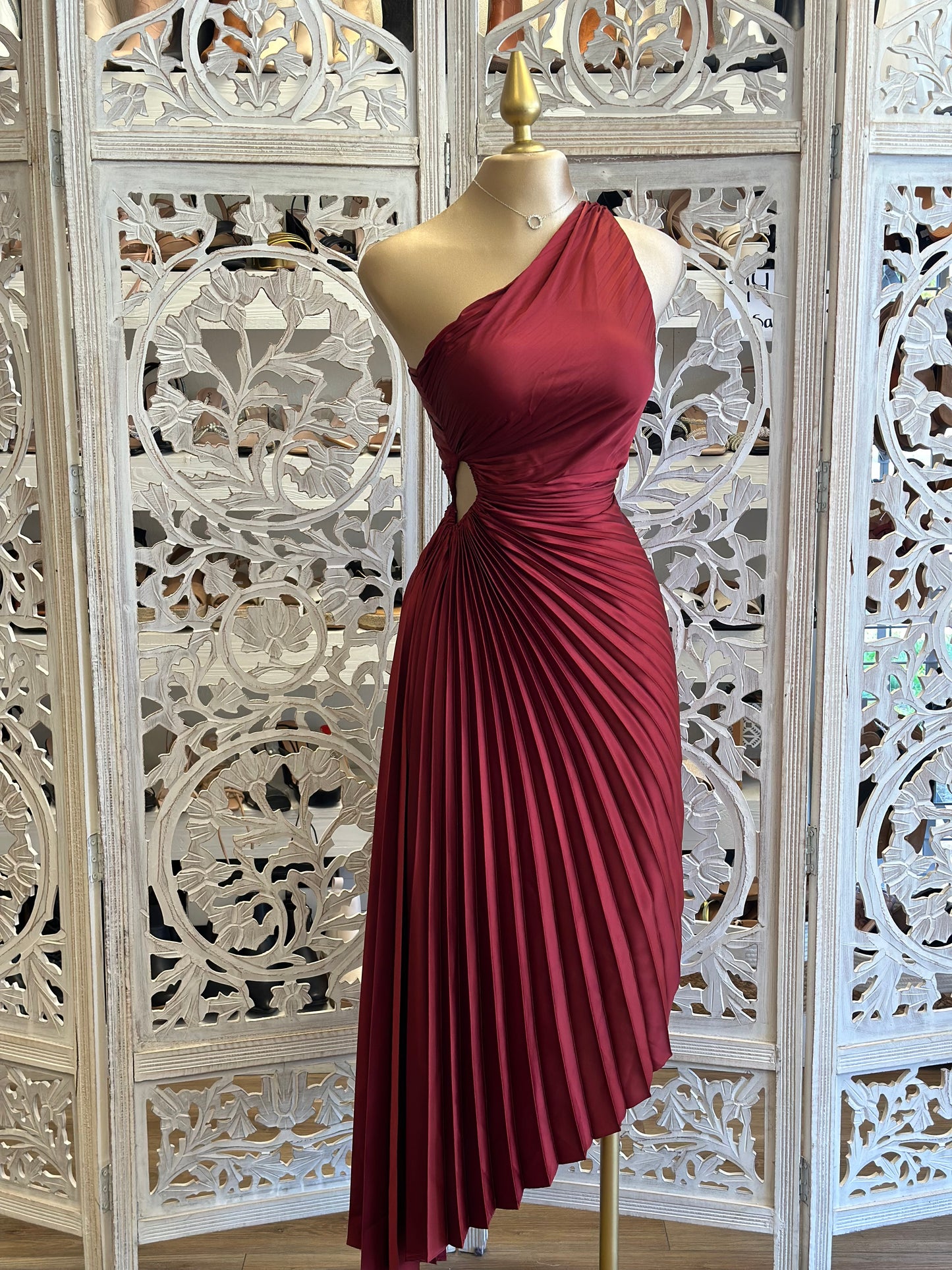 Burgundy Pleated One Sleeve Cutout Dress - No Estira, Not Stretchy