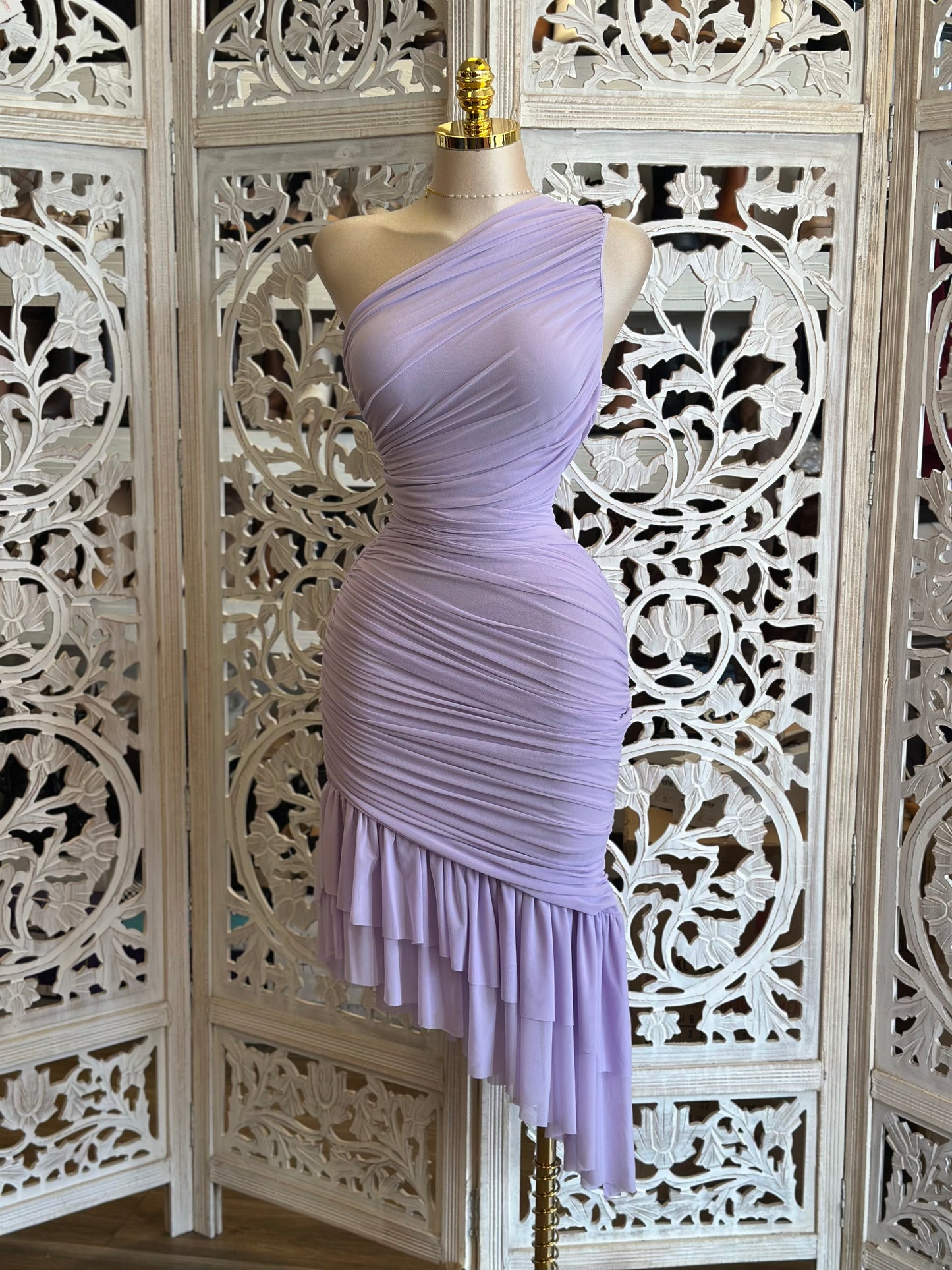 Lilac One Sleeve Wrapped Dress-Stretchy,Estira
