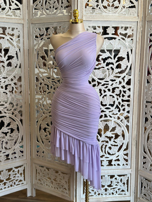 Lilac One Sleeve Wrapped Dress-Stretchy,Estira